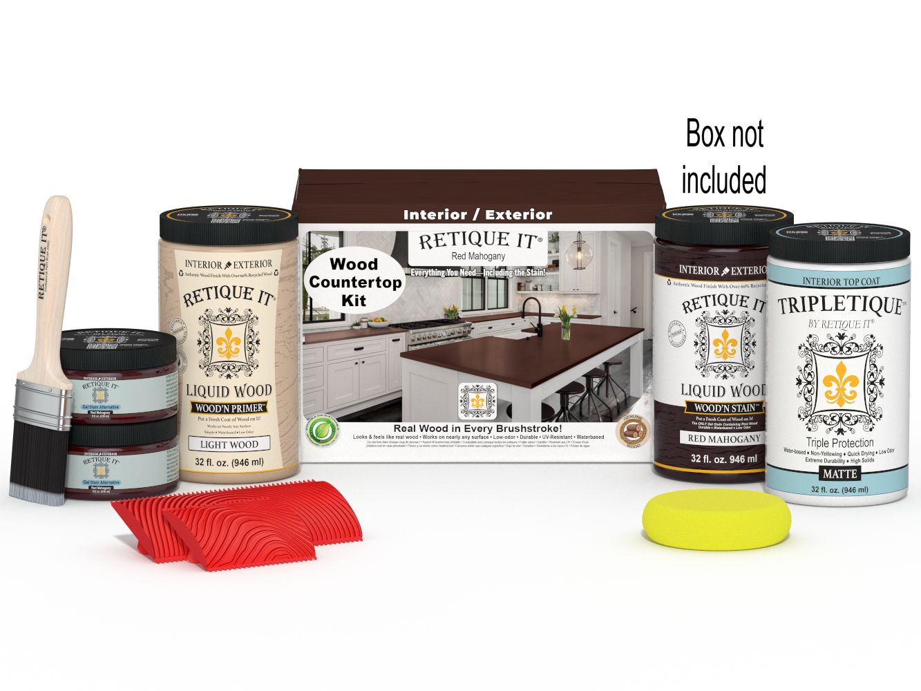 Retique It® Red Mahogany countertop stain kit with brushes and tools for full kitchen renovation.