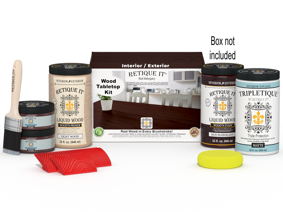 Retique It® Wood'n Finish Kit with four large red mahogany stain bottles for wood furniture finishing, shown with packaging.