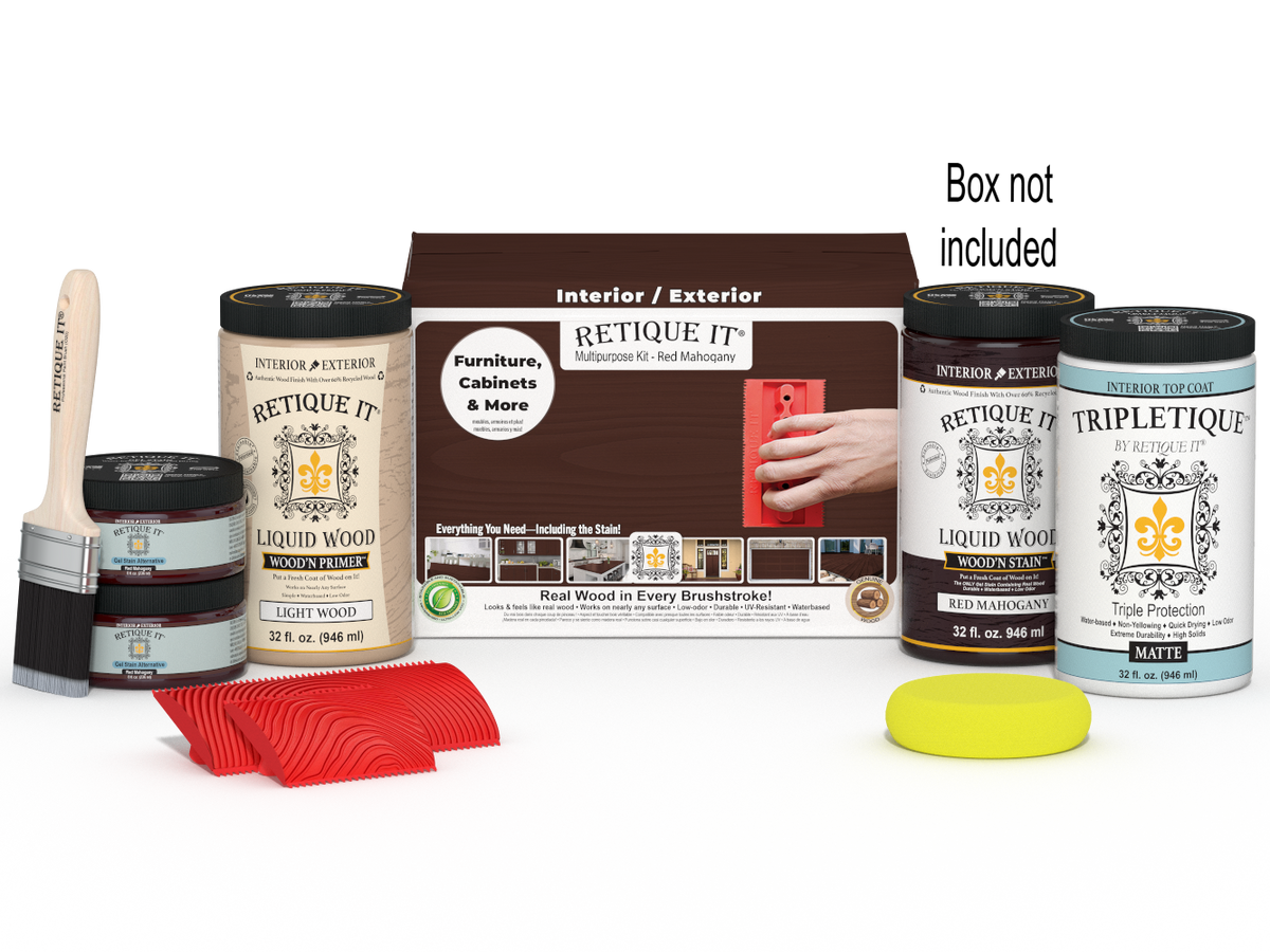 Large Red Mahogany Wood'n Finish Kit by Retique It® for interior top coats, includes wood finish supplies and tools.