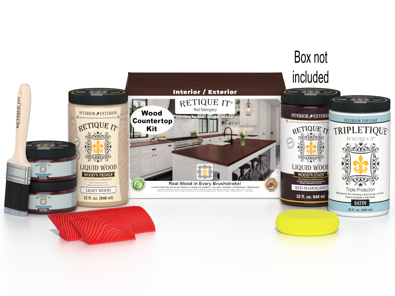 Retique It® red mahogany countertop kit with stain and finishing supplies for full kitchen renovation, shown in image.