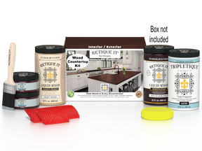Retique It® red mahogany countertop kit with stain and finishing supplies for full kitchen renovation, shown in image.