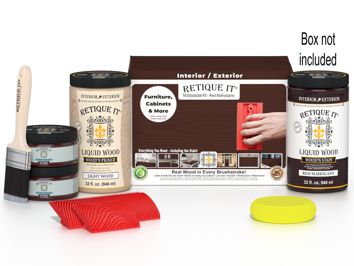 Large Red Mahogany Wood'n Finish Kit by Retique It® for multi-purpose wood finishing projects, includes applicator tools and finish containers.