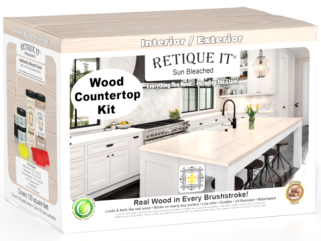 Retique It® Sun Bleached full kitchen countertop kit with wood finish, showing natural wood grain and light sun-bleached color.