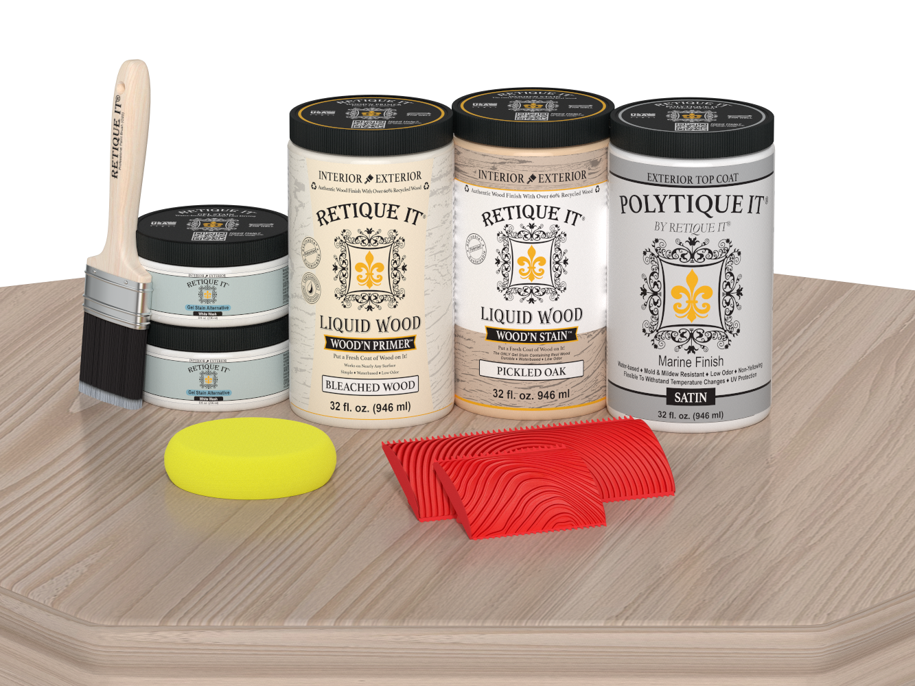 Large Sun Bleached Wood'n Finish Kit by Retique It® with satin top coat, featuring wood care tools and supplies on a table.