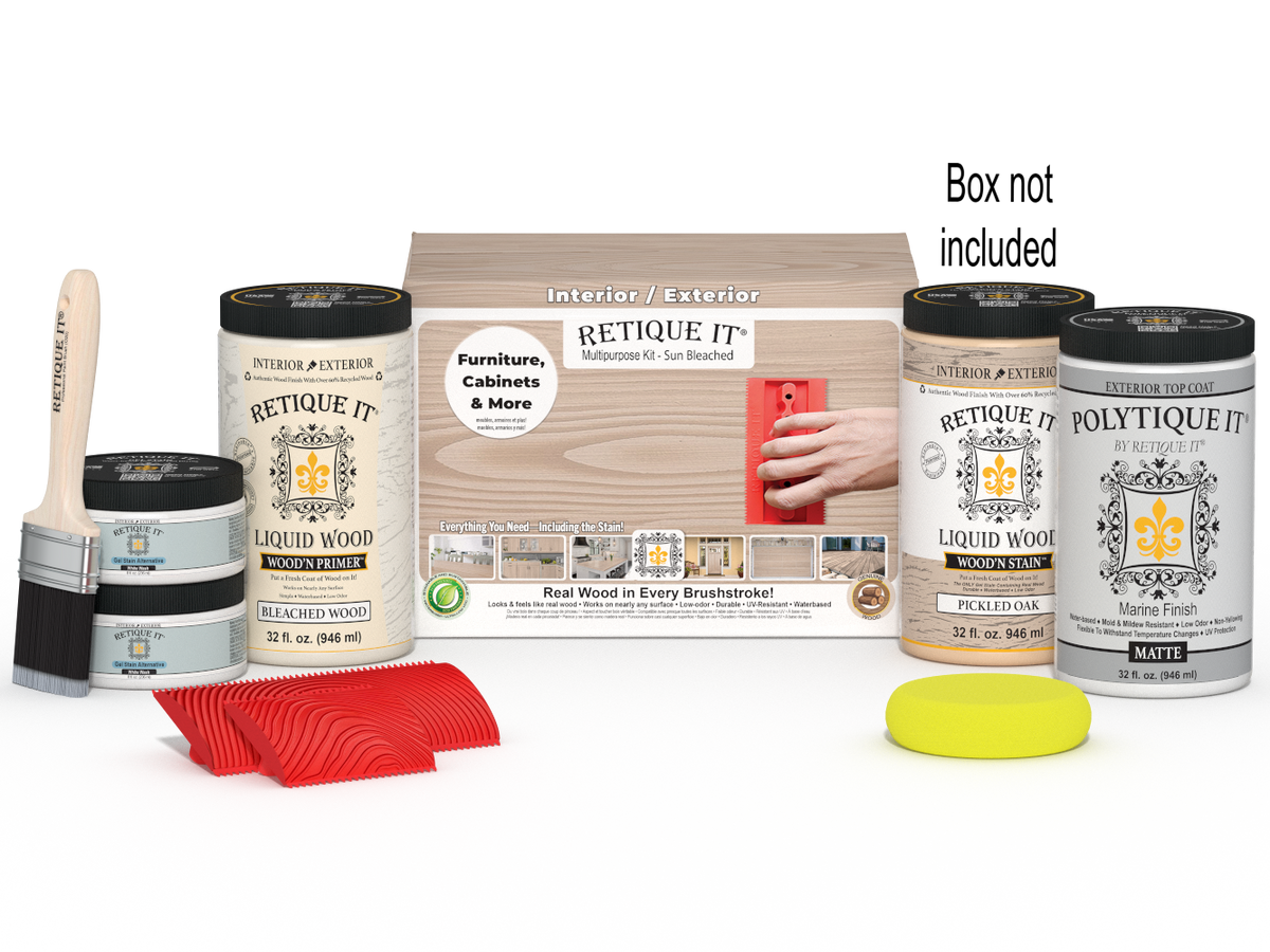 Large Sun Bleached Wood'n Finish Kit by Retique It® for exterior top coating, includes brushes and application tools in the box.