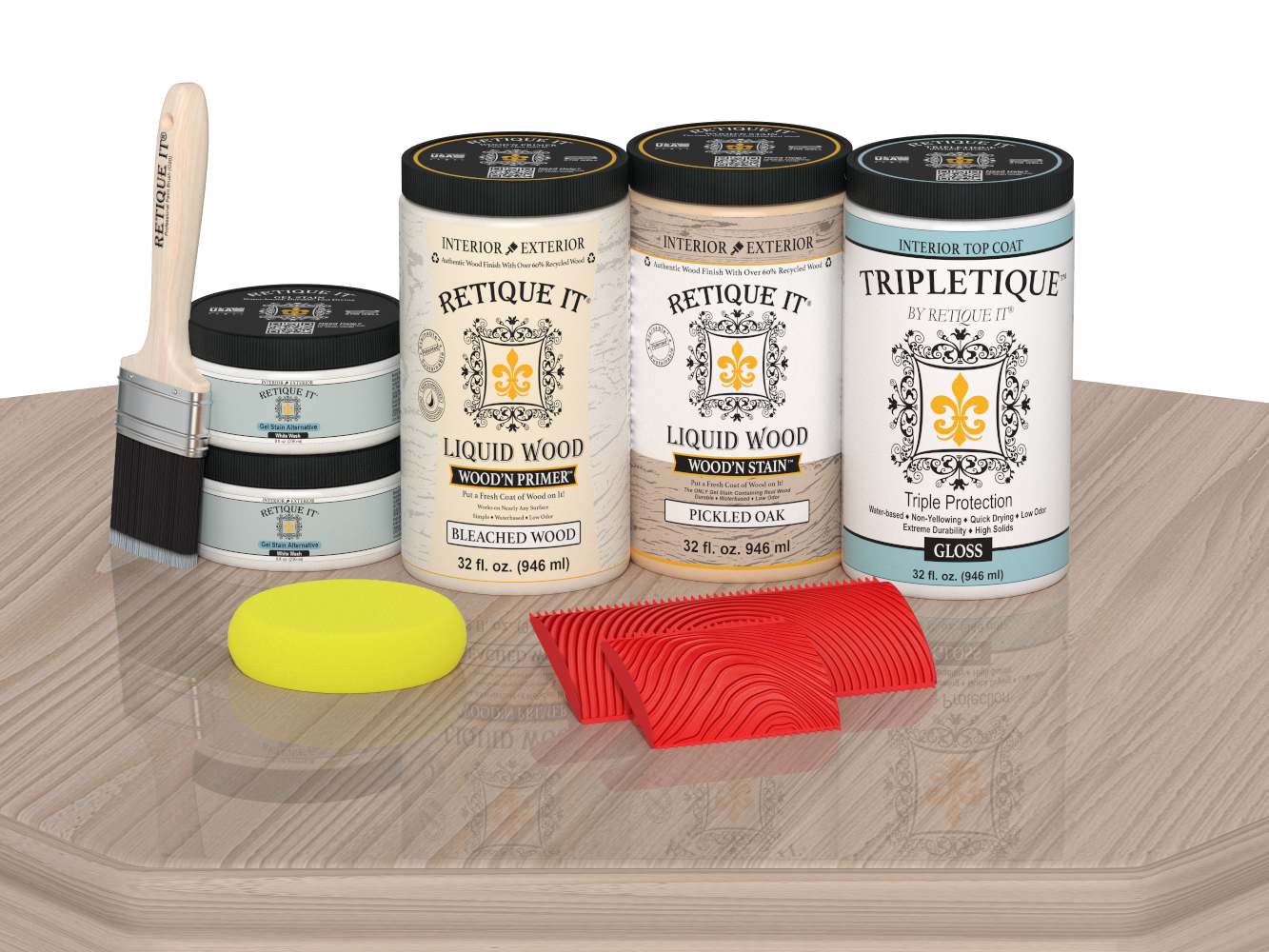 Sun bleached wood countertop kit by Retique It® with gloss finish, includes wood finish products for full kitchen renovation.
