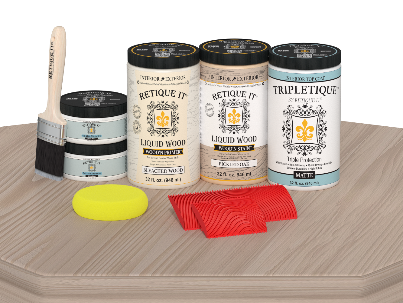 Retique It® Wood'n Finish Kit for full kitchen countertops in sun-bleached wood, matte finish, on a kitchen table.
