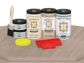 Retique It® Wood'n Finish Kit for full kitchen countertops in sun-bleached wood, matte finish, on a kitchen table.