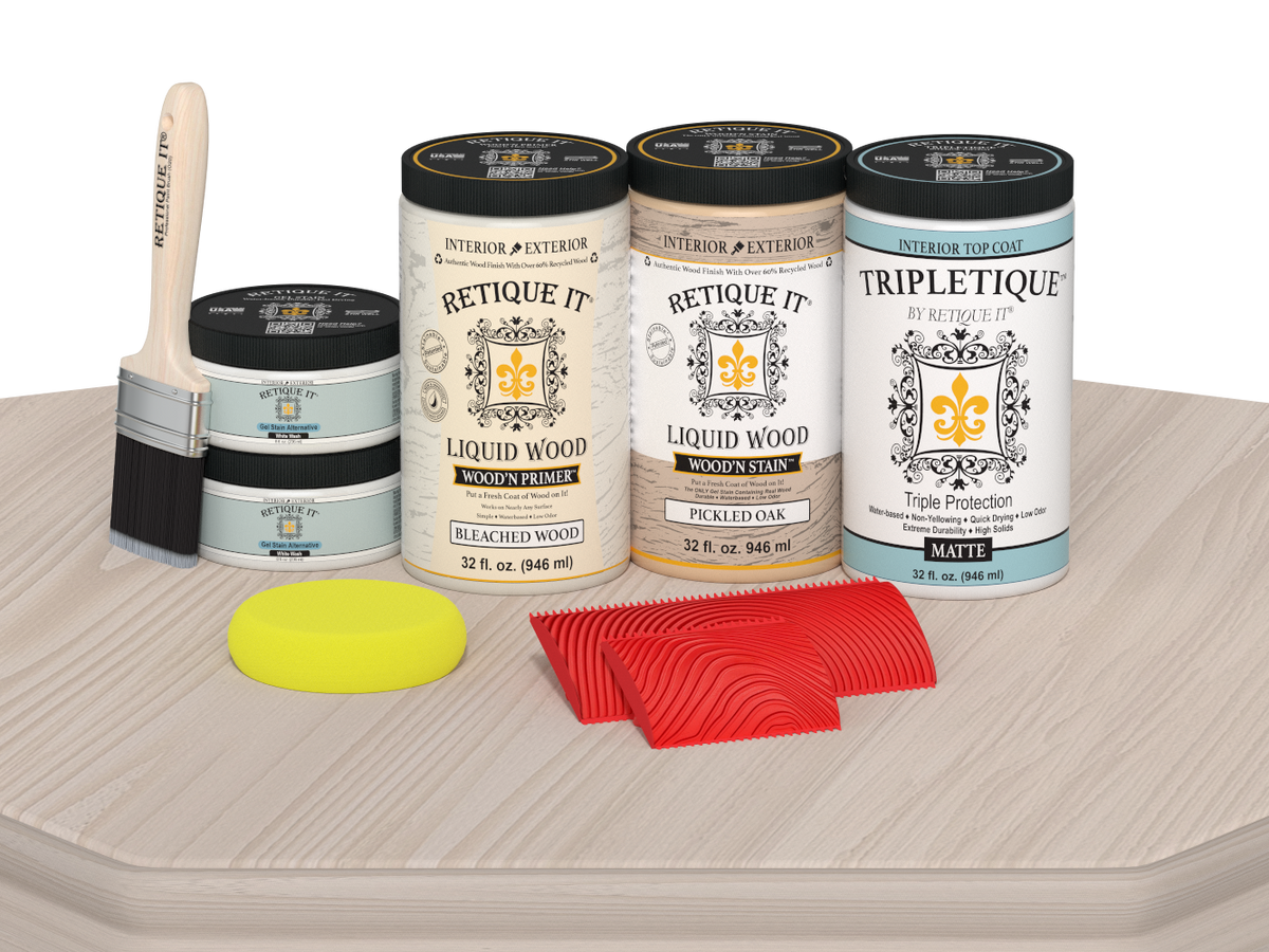 Sun bleached wood countertop kit from Retique It® Wood'n Finish Kits, includes matte finish sample of full kitchen countertop.