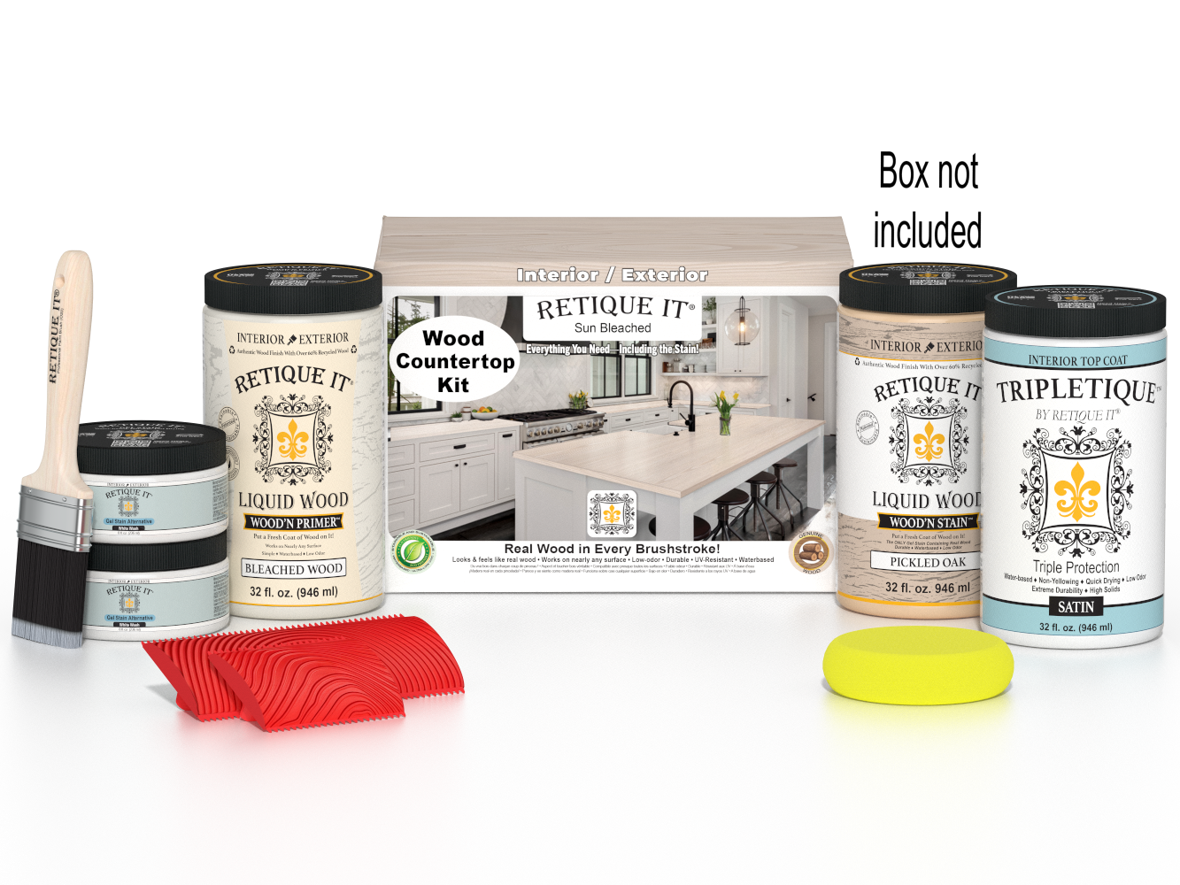 Sun bleached wood countertop kit by Retique It® Wood'n Finish Kits, includes tools and materials for full kitchen countertop refinishing.
