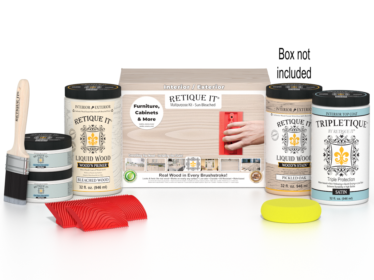Retique It Wood'n Finish Kit with sandpaper and applicator tools for wood finishing, shown in a box with tools and product components.