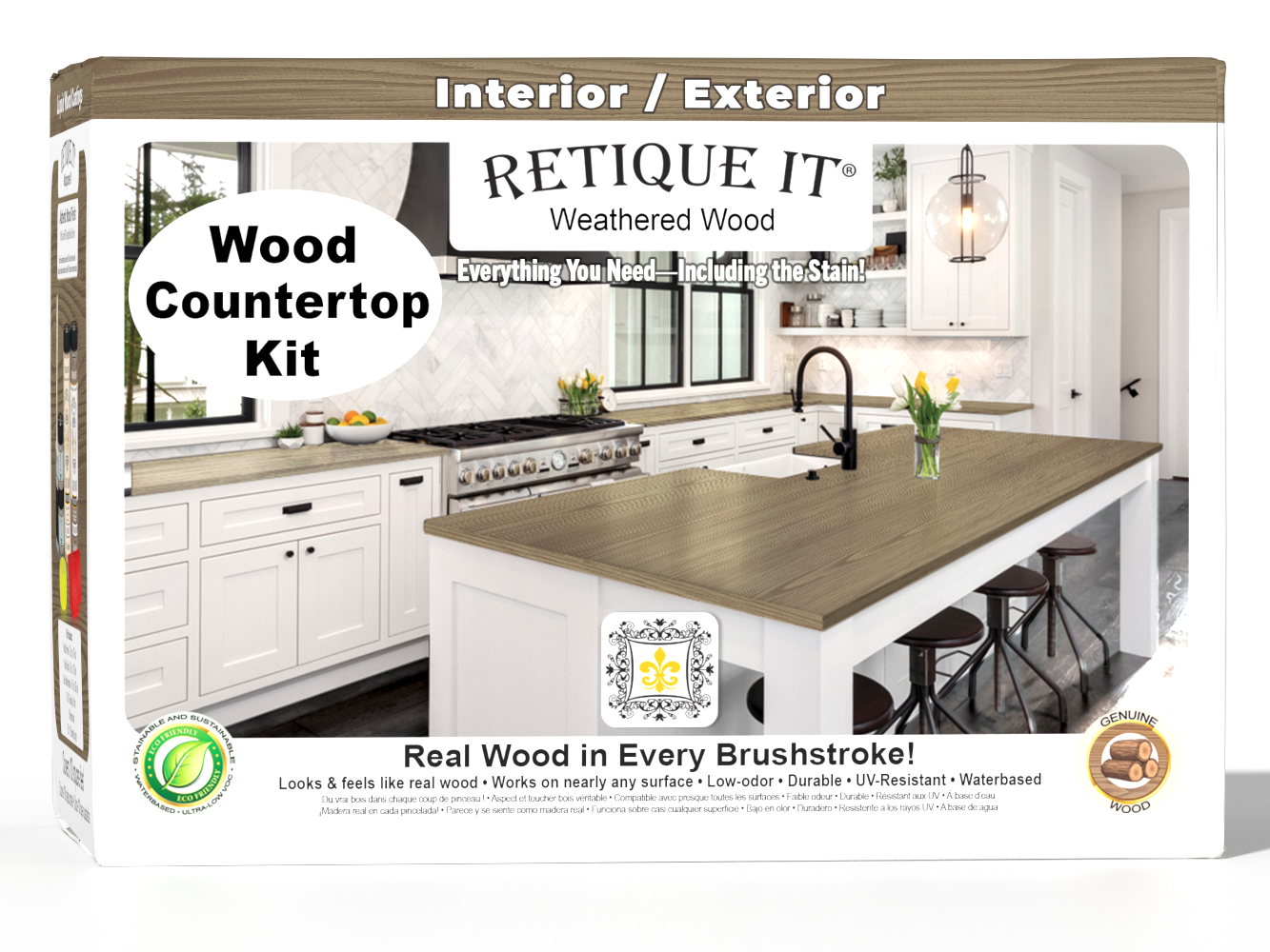 Weathered wood countertop kit by Retique It® featuring stains, shown in a 3D box view for full kitchen installation.