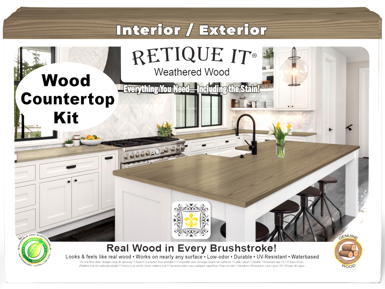 Retique It® Weathered Wood countertop kit with stain, featuring a full kitchen countertop surface with weathered wood finish.