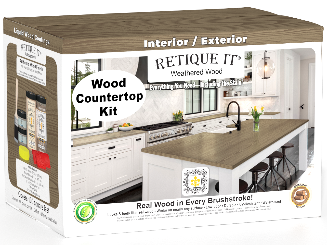 Weathered wood stained countertop kit by Retique It® for full kitchen renovation, featuring natural wood grain and weathered finish.