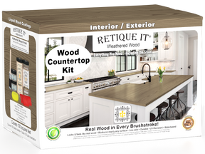 Weathered wood stained countertop kit by Retique It® for full kitchen renovation, featuring natural wood grain and weathered finish.