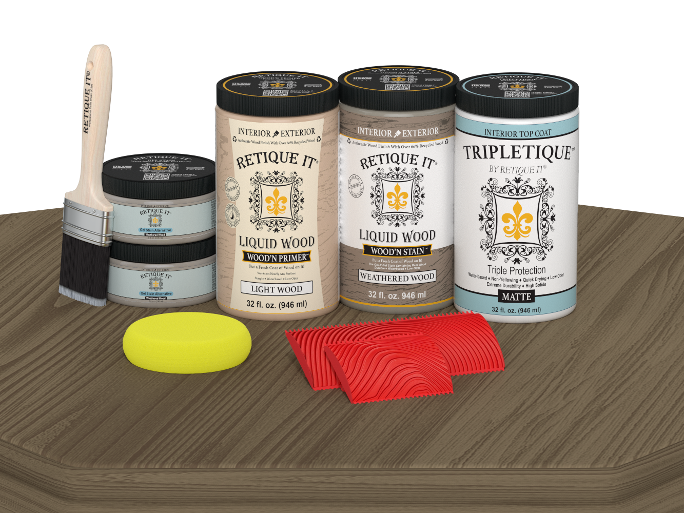 Retique It® weathered wood countertop kit stain on a kitchen surface with matte finish, showcasing a rustic, weathered wood look.