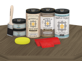 Retique It® weathered wood countertop kit stain on a kitchen surface with matte finish, showcasing a rustic, weathered wood look.
