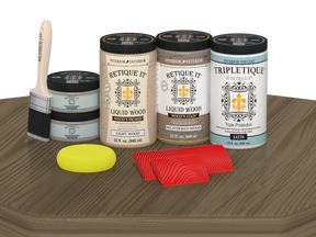 Retique It® Weathered Wood countertop kit stain applied to a full kitchen surface, showcasing a rustic weathered wood finish.