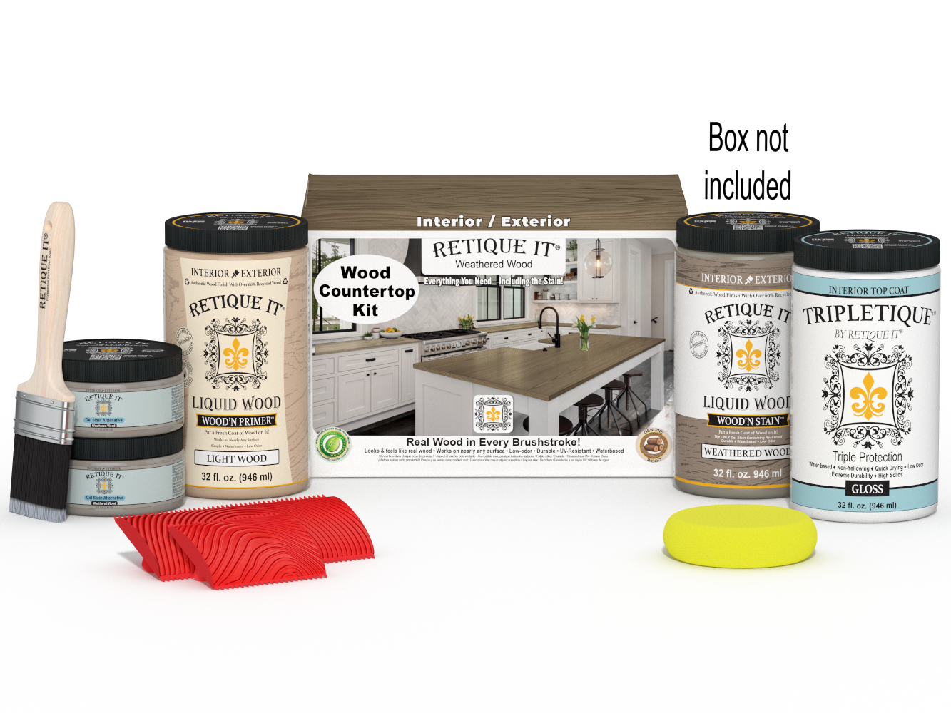 Weathered wood kitchen countertop with Retique It® stain kit, showing a full countertop surface with weathered wood finish.
