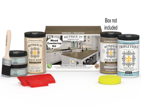 Retique It® weathered wood countertop kit with stain, featuring a full kitchen setup and a box of materials for countertop renovation.