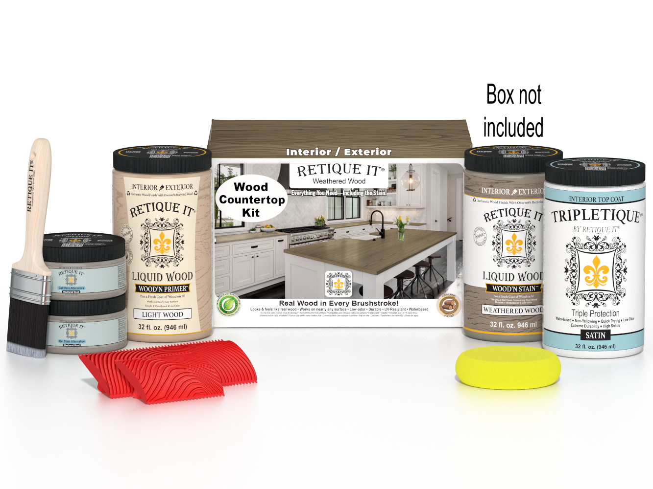 Retique It® Weathered Wood countertop kit stain set with box, designed for full kitchen countertops, featuring weathered wood finish.