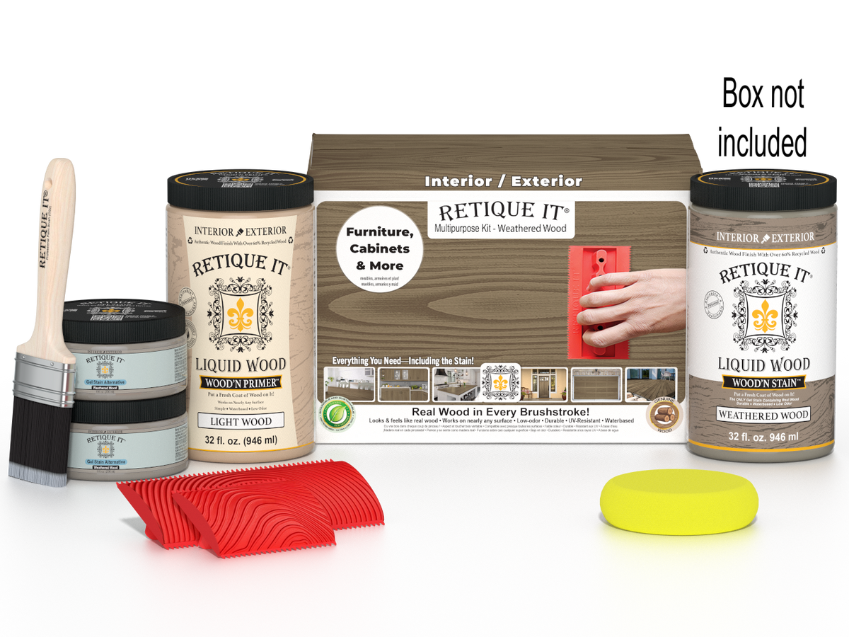 Large Weathered Wood Wood'n Finish Kit by Retique It® with weathered wood tones and tools for multi-purpose wood finishing projects.