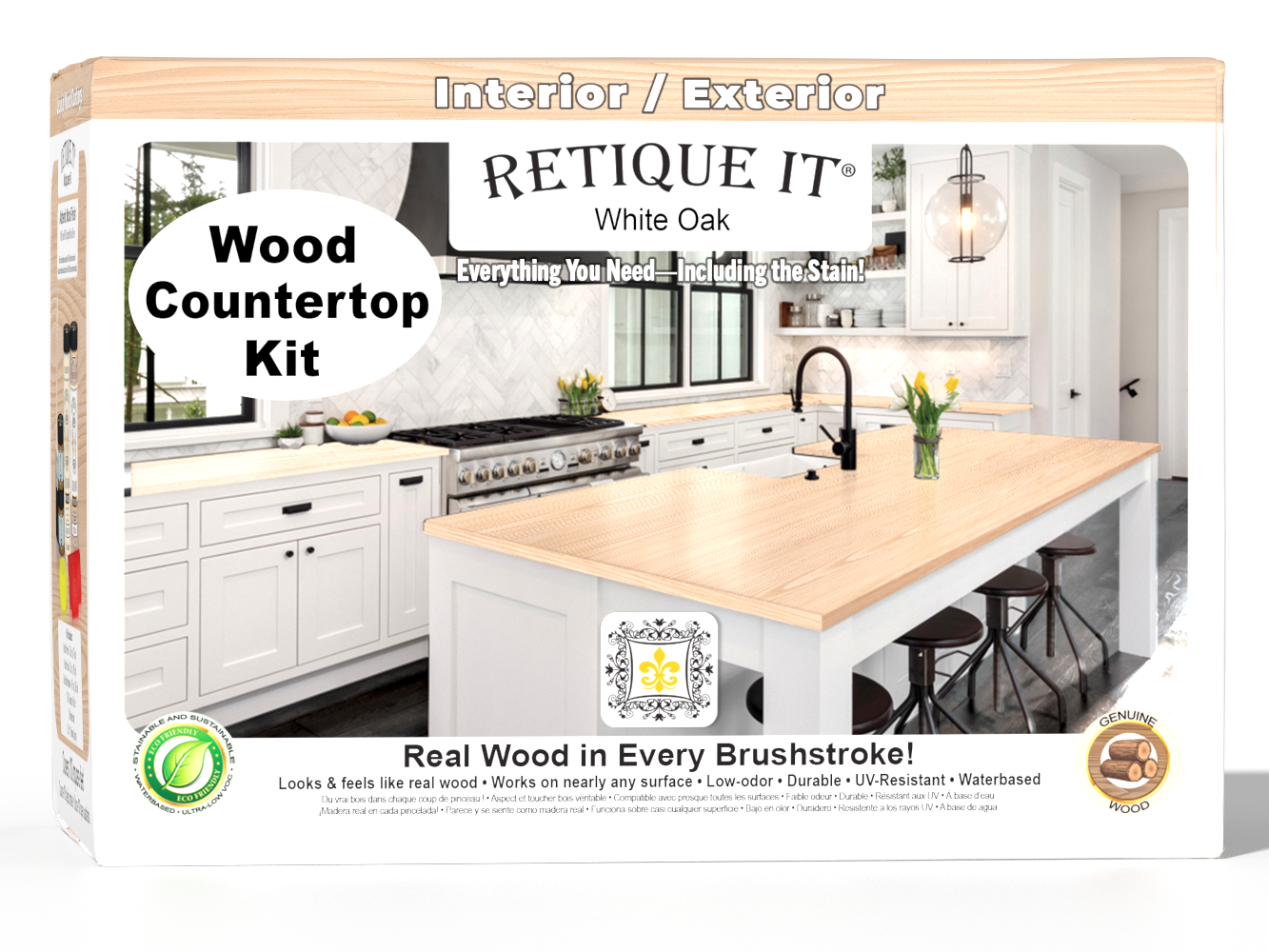 Retique It® white oak countertop kit featuring stain samples and wooden components for full kitchen installation.