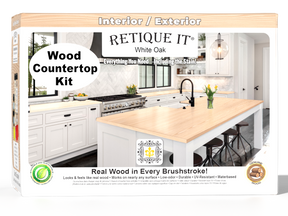 Retique It® white oak countertop kit featuring stain samples and wooden components for full kitchen installation.
