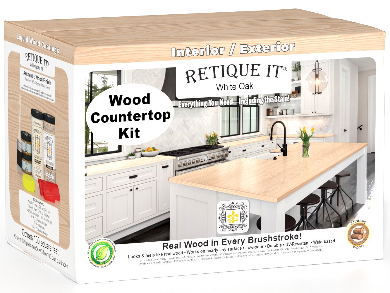 Retique It® White Oak countertop kit with stains, showcasing a full kitchen countertop installed with natural wood grain finish.