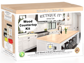 Retique It® White Oak countertop kit with stains, showcasing a full kitchen countertop installed with natural wood grain finish.