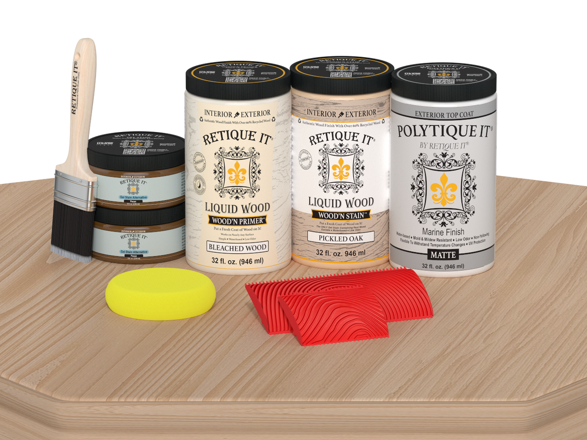 Retique It® Wood'n Finish front door kit in white oak stain, featuring double door panels with matte finish on a table display
