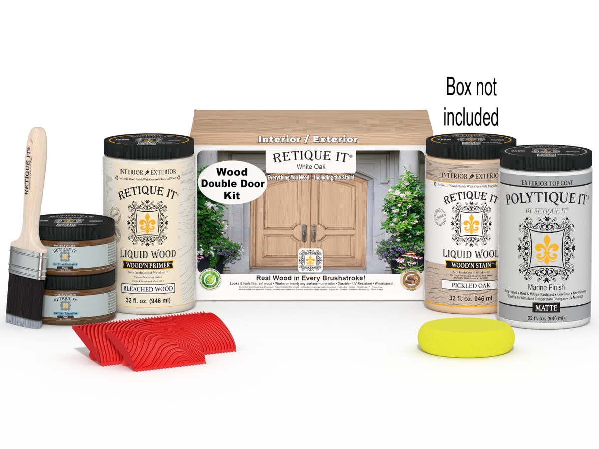 Retique It® Wood'n Finish front door kit in white oak stain, double door with wood grain and finishing details.