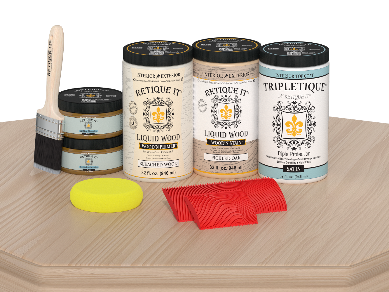 Large White Oak Wood'n Finish Kit by Retique It® with satin top coat for interior wood projects, shown on a table.