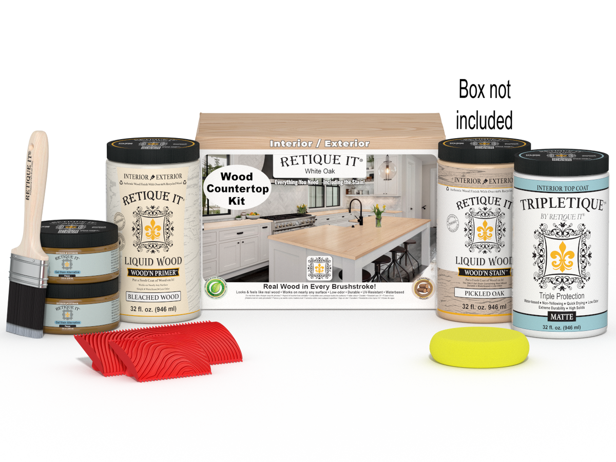 Retique It® White Oak countertop kit with stain, featuring a full kitchen setup and a boxed presentation for easy application.