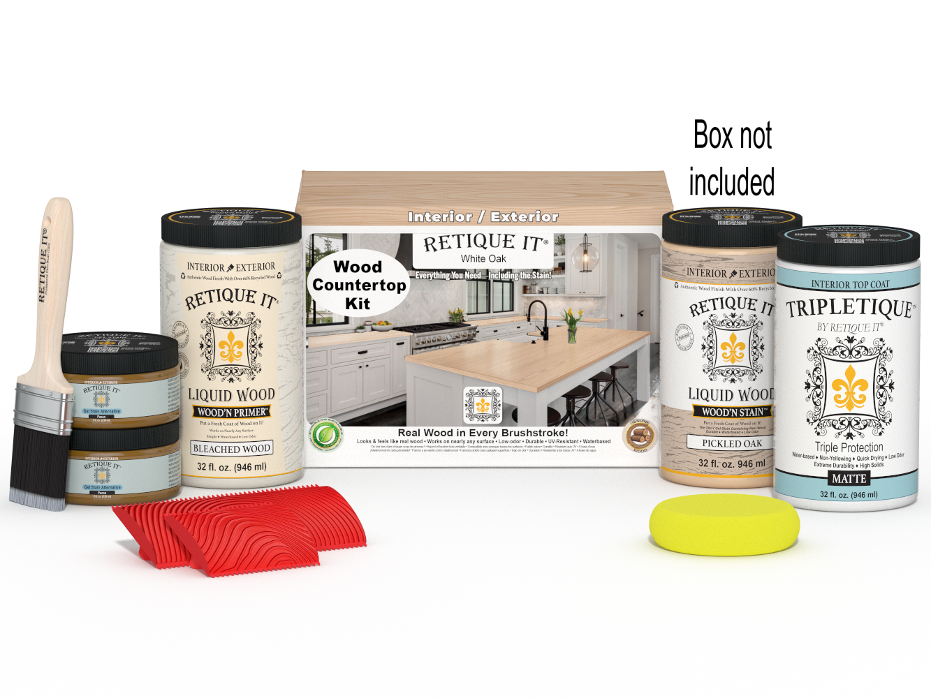 Retique It® White Oak countertop kit with stain, featuring a full kitchen setup and a box of supplies for countertop finishing.