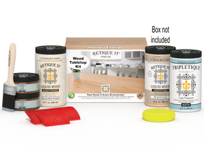 Retique It® Wood'n Finish Kit with four large white oak stains for tabletops, featuring stain bottles and application box.