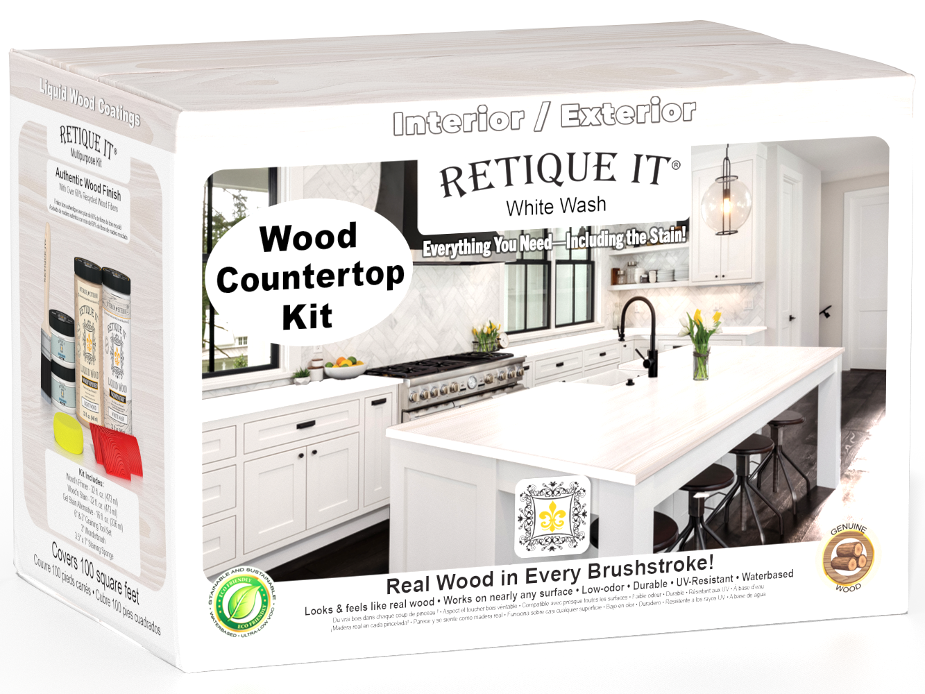 Retique It® white wash countertop kit for full kitchen renovation, featuring stain application on smooth surface.