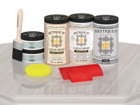 Retique It® Wood'n Finish Double Front Door Kit in White Wash stain, glossy finish, displayed on a table with wood grain details.