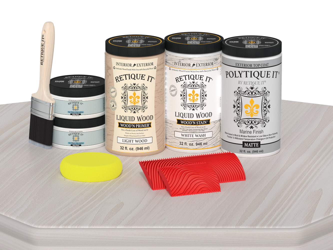Large White Wash Wood'n Finish Kit by Retique It® with matte exterior top coat, displayed on a table for multi-purpose wood finishing.