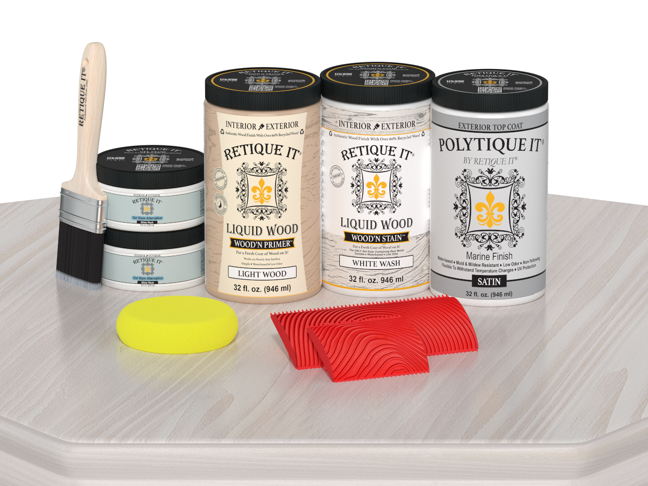 Large White Wash Wood'n Finish Kit by Retique It® for exterior wood surfaces, satin top coat on a tabletop.