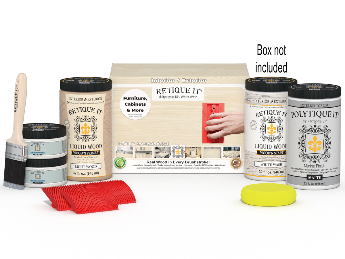 Large White Wash Wood'n Finish Kit by Retique It® for exterior wood projects, includes top coat and tools in a box.