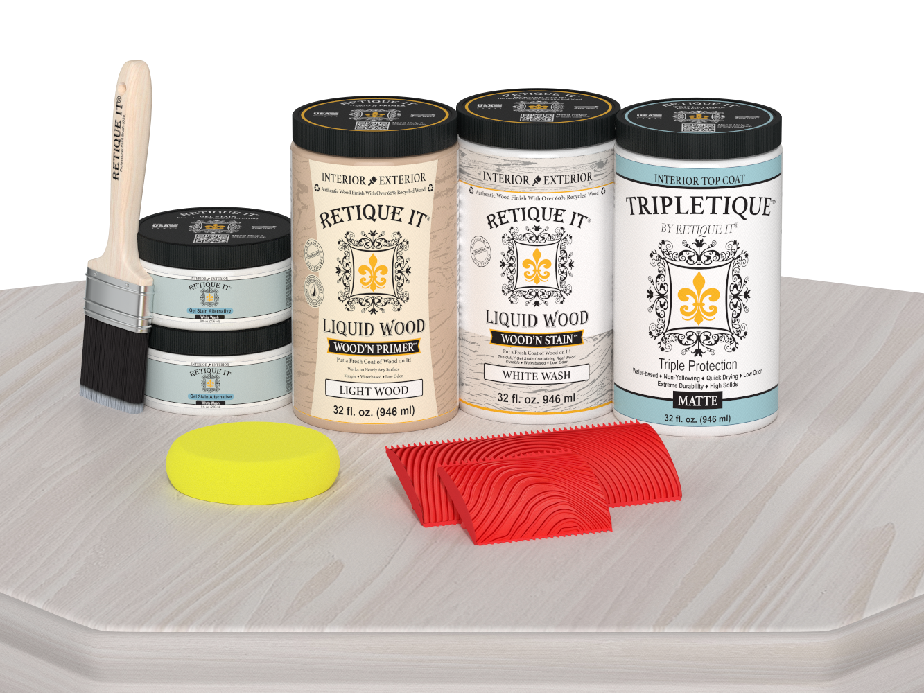 Retique It® White Wash countertop kit with matte stain finish on a kitchen countertop, showcasing a full kitchen transformation.