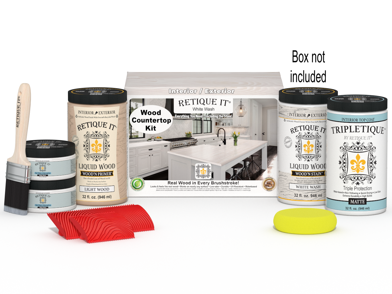 Retique It® White Wash countertop kit showing stained wood surface with full kitchen setup and packaging in the background.