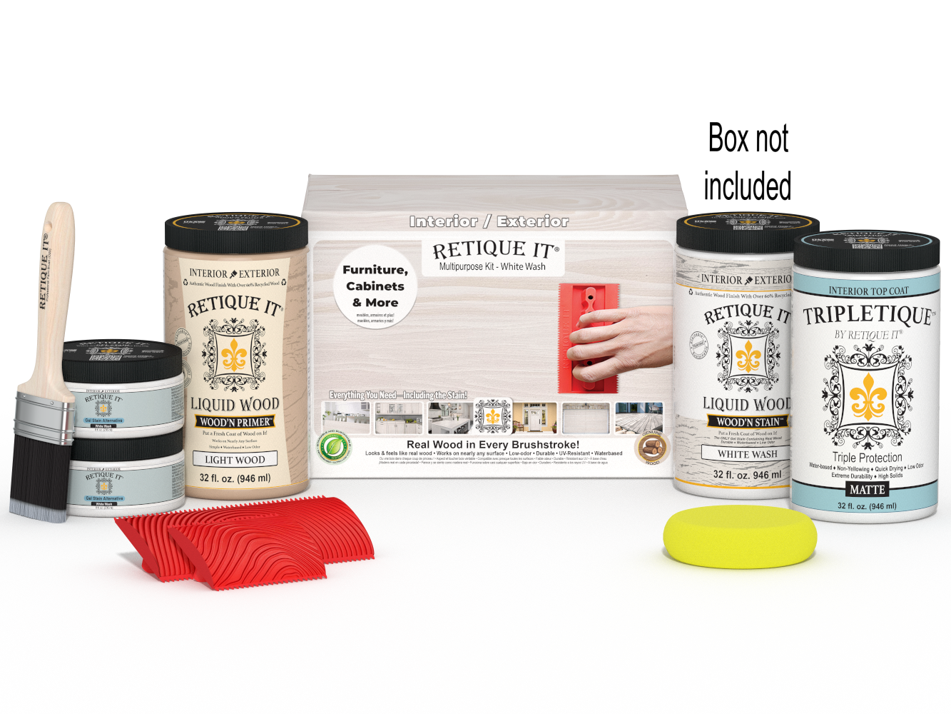 Large White Wash Wood'n Finish Kit by Retique It® for interior wood projects, includes top coat and application tools.