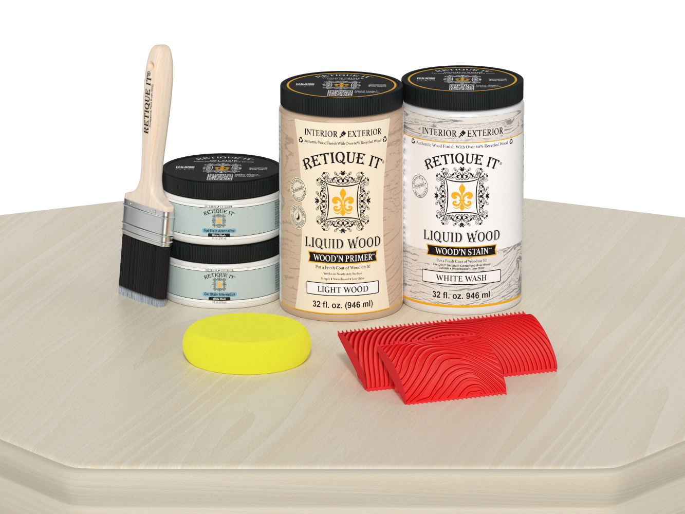 Large White Wash Wood'n Finish Kit by Retique It® for wood furniture and decor, includes brushes and finishing tools.