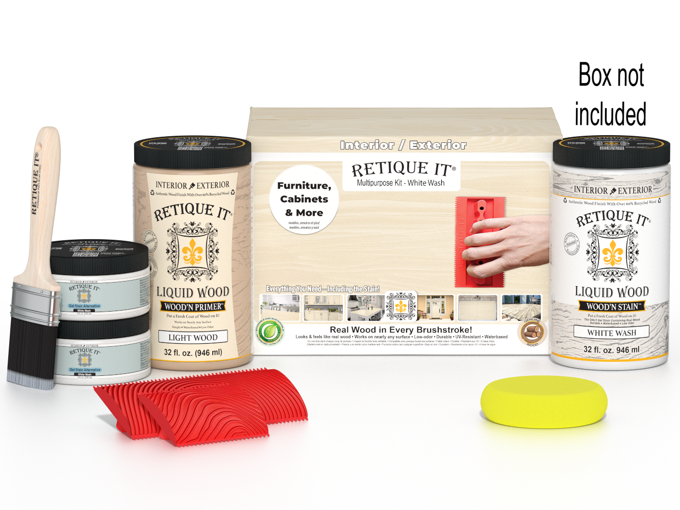 Large White Wash Wood'n Finish Kit by Retique It® featuring brushes and finish containers for woodworking projects.