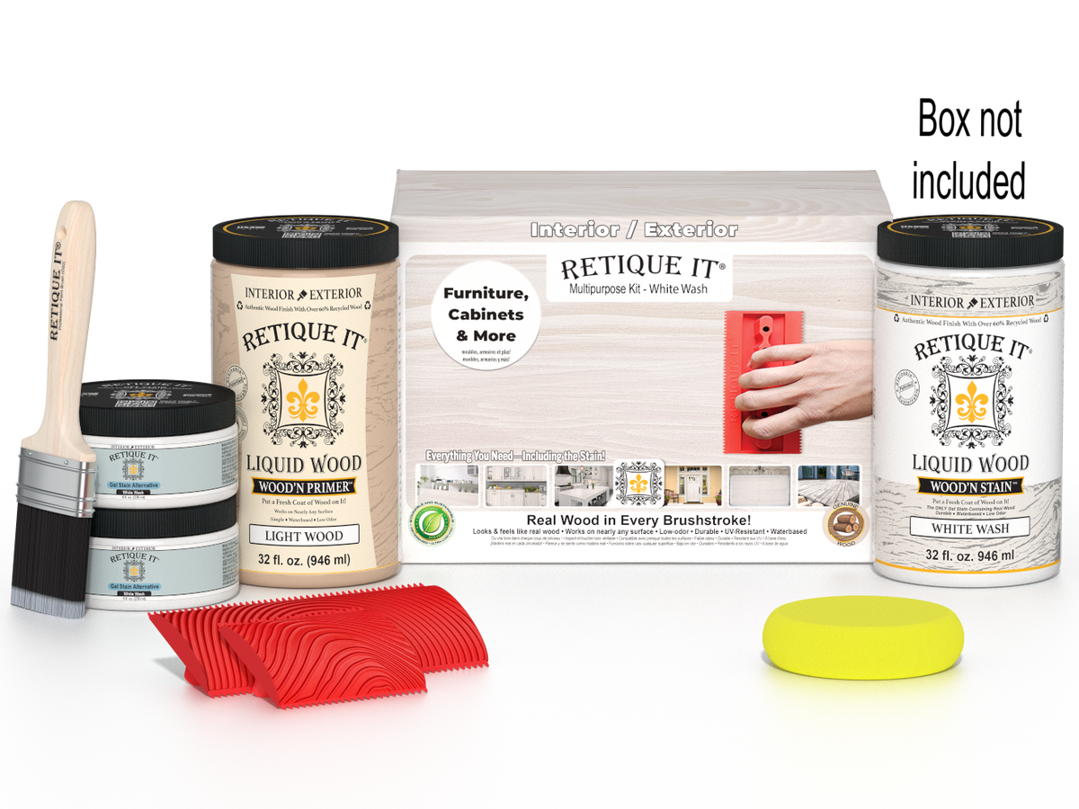 Large White Wash Wood'n Finish Kit by Retique It®, featuring wood finish tools and supplies in a white wash design.