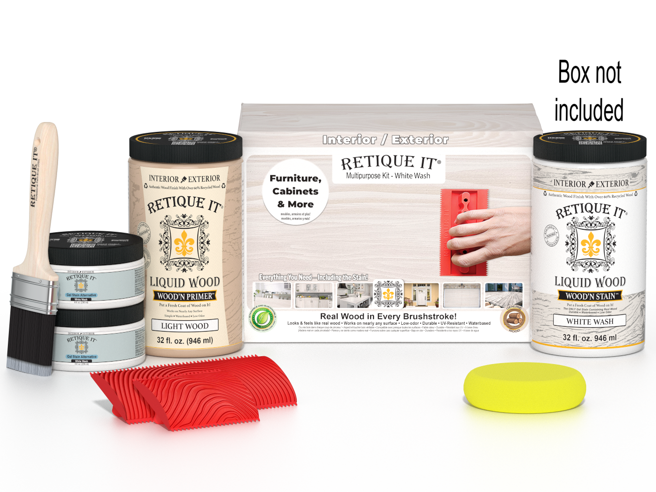 Large White Wash Wood'n Finish Kit by Retique It®, featuring wood finish tools and supplies in a white wash design.