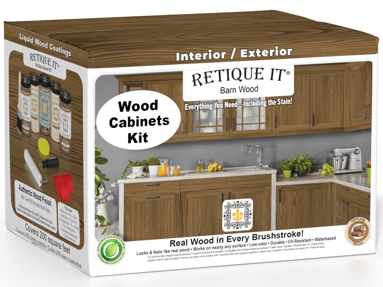 Retique It® Wood'n Cabinet Kit with 24 grained modern walnut cabinet doors, stain finishing, wooden cabinet style.