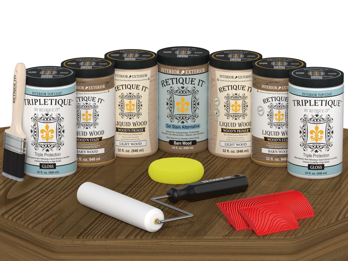 Retique It Wood'n Cabinet Kit with barn wood grain stain, 24-door cabinet kit, glossy finish on a table.